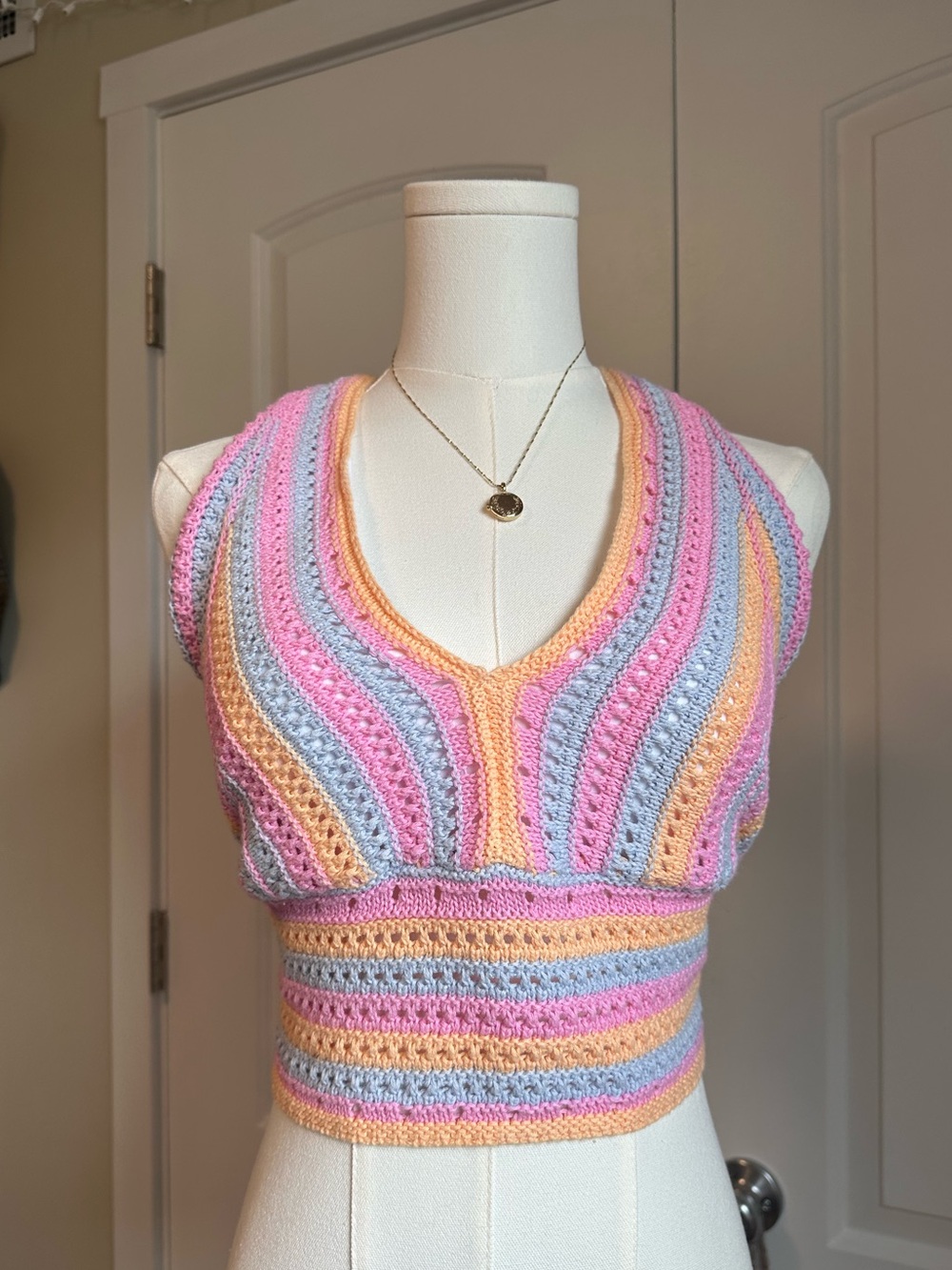Hollister Summer Pastel Striped Crochet Halter Crop Top - Pink, Blue & Orange